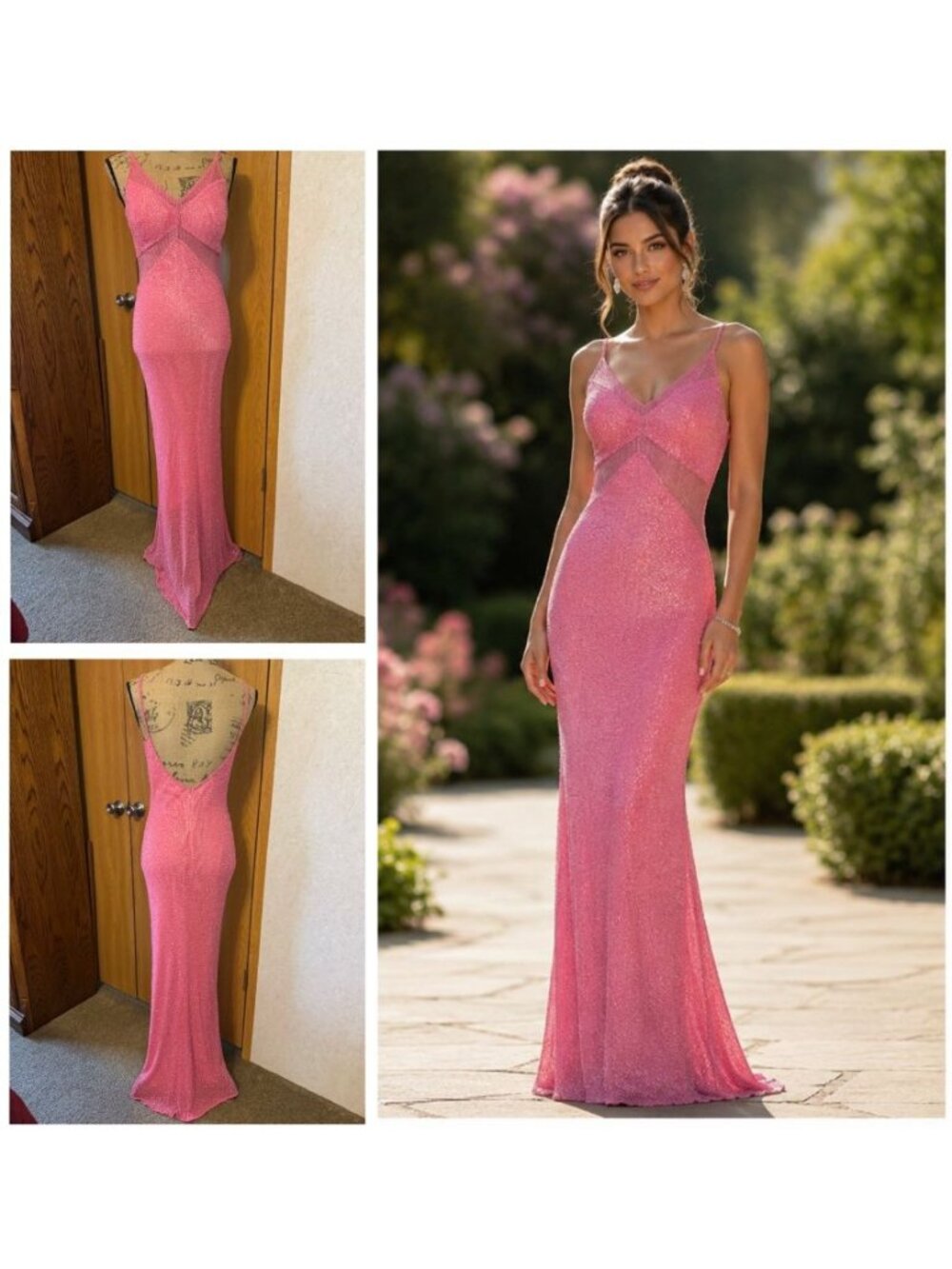 Vtg Y2K SCALA Pink Silk Beaded Sequin Dress HOCO Prom Formal Party Holiday M - Picture 1 of 11